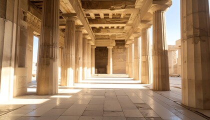 Ancient colonnaded hall, sunlit interior