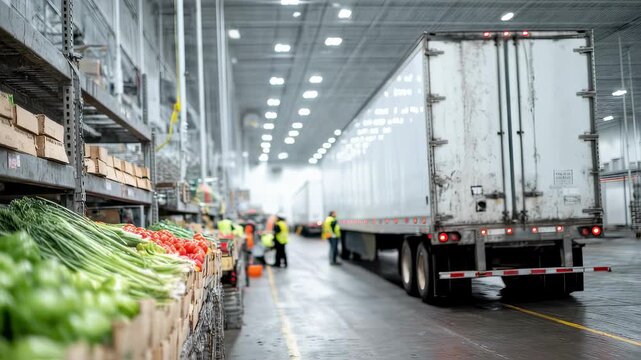 Medium shot of a large refrigerated truck unloading fresh produce at a distribution center with the truck in clear focus and workers in the background softly blurred