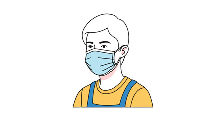 Illustration depicting a young man wearing a protective face mask for health and safety protocols to combat airborne illnesses