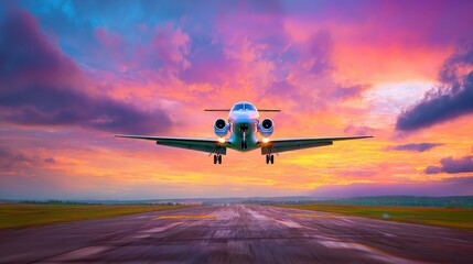 Fototapeta premium A stunning sunset backdrop highlights a plane taking off from an airport runway, showcasing vibrant colors in the sky.