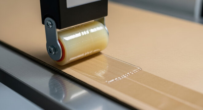 Automated machine applies clear adhesive tape to seal cardboard box on conveyor belt for secure packaging and efficient shipment in warehouse logistics environment