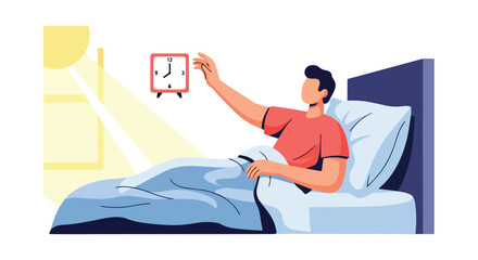 Obraz premium A sleepy man in bed reaching for his alarm clock in the morning sunlight, illustrating a common struggle to wake up