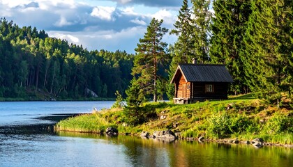 Obraz premium Rustic cabin nestled on a lake shore