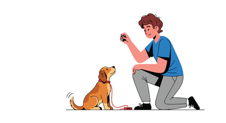 Illustration showcasing a young man clicker training his attentive dog in a modern and clean style with good character design showing friendship