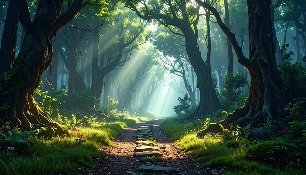 Sunbeams illuminate a path through a lush, misty forest