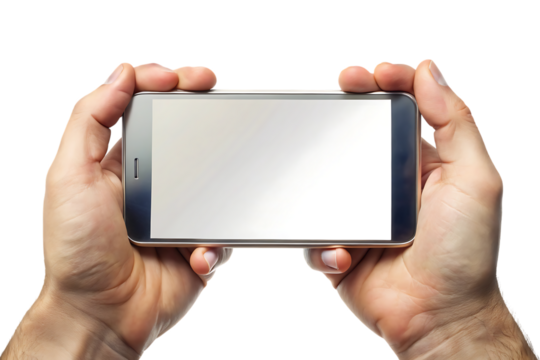 Hands holding smartphone horizontally with blank screen Keywords: hands, holding, cutout PNG isolated on a transparent background - Powered by Adobe