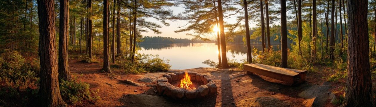 A serene lakeside campsite at sunrise, featuring a glowing campfire surrounded by trees and a peaceful water view.