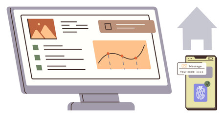 Computer screen displaying data charts, text, and graphic elements next to a smartphone with a verification message and fingerprint sensor. Ideal for cybersecurity, authentication, technology