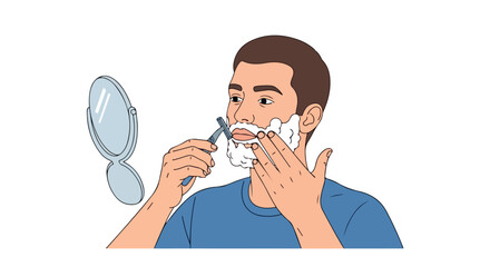 Illustrated man shaving his beard in front of a mirror, showcasing a routine self-care process for men's hygiene and grooming habits
