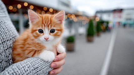 Adorable Ginger Kitten Held in Hands Near Street with Warm Bokeh Lights