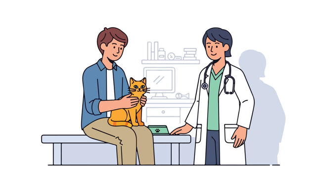 Illustration depicting a cat owner visiting a veterinarian clinic with his feline companion for a checkup emphasizing pet healthcare and wellbeing