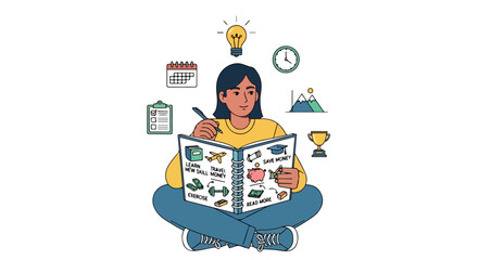 Girl planning goals and aspirations in a notebook with financial, educational and self improvement objectives sketched around her