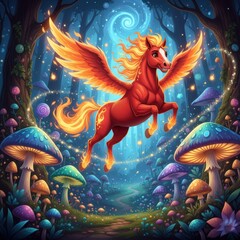 A red Pegasus soars in a fantasy forest of giant mushrooms under a swirling sky, its fiery mane and wings glowing , creating a magical scene