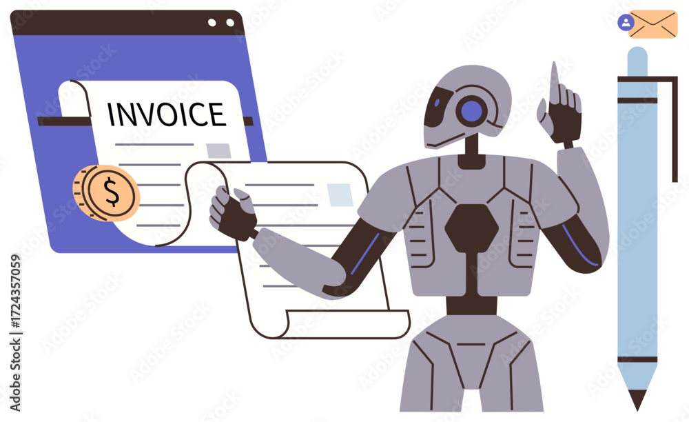Poster robot handling invoice process digitally, with an interface open, a rolled document, a coin, and a p