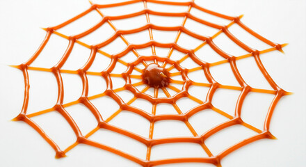 Obraz premium spider web made with shiny caramel sauce on a white background