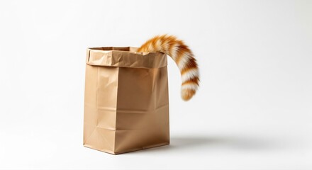 Ginger cat's striped tail playfully emerges from a brown paper bag, creating a whimsical and amusing scene on a clean white background that adds a touch of humor and intrigue to everyday life .