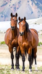 Fototapeta premium Two brown horses stand side-by-side in a field, facing the viewer. A light, hazy background of pale hills and sky surrounds them
