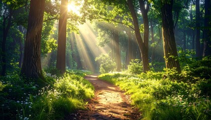 Obraz premium Sunbeams illuminating a path through a lush forest
