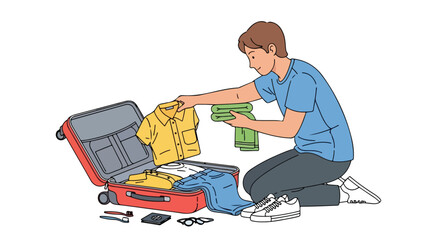 Young man meticulously packing suitcase for travel adventure with anticipation and excitement for the journey ahead planning his outfit