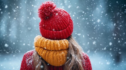 Woman in Red Winter Hat and Yellow Scarf Standing in Snowfall