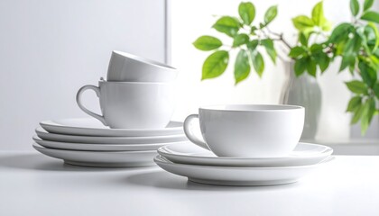 Clean White Ceramic Tea Cups and Saucers on a Table.