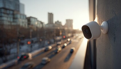 Modern security camera on a city wall at sunrise