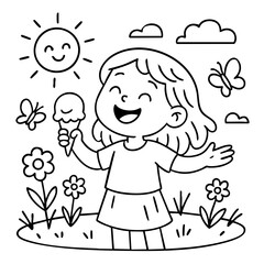Happy Girl with Ice Cream – Cute Summer Line Art Illustration