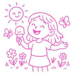 Happy Girl with Ice Cream – Cute Summer Line Art Illustration