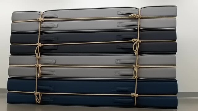 Stack of Mattresses Tied Together Ready for Storage or Transport.
