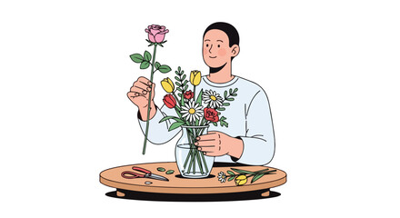 Illustrative depiction of a young man carefully arranging a vibrant bouquet of flowers in a clear glass vase on a wooden table top