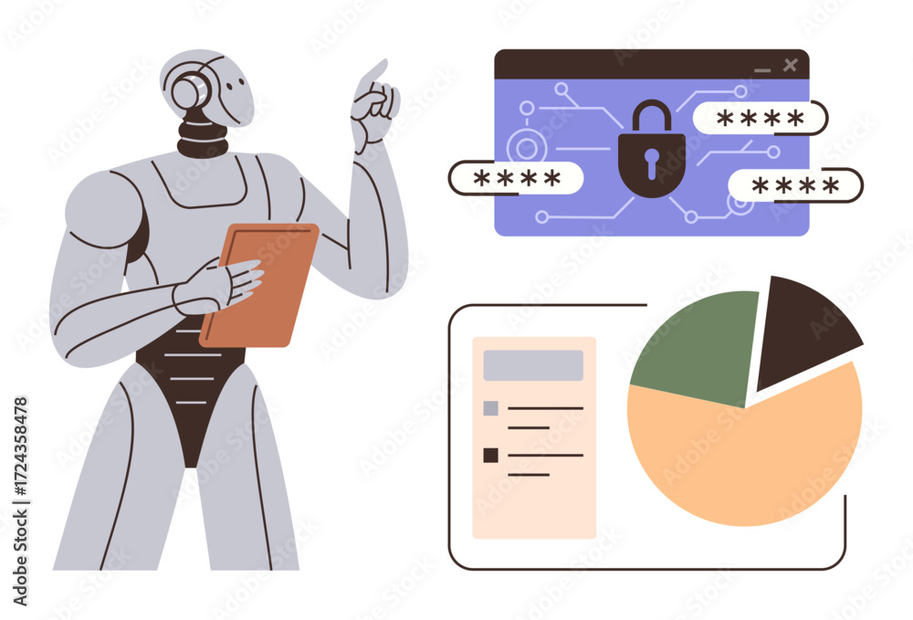 Poster robot holding clipboard points to secure login interface with passwords, graphic diagrams, and analy