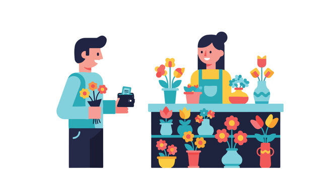 Flat illustration of a man purchasing flowers from a florist at a stall with colorful blooms on display showing transaction