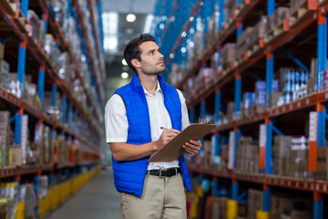 Shelving racks standing tall along warehouse aisle, holding stacked cardboard boxes under lights