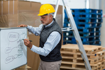 Warehouse supervisor sketching flowchart on whiteboard beside wrapped boxes and blue pallet racks