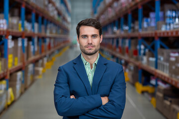 Male warehouse manager is standing in aisle lined with racks of inventory under fluorescent lights