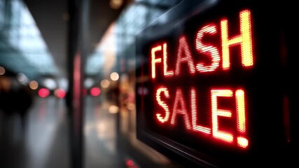 Closeup of a digital flash sale alert screen with vibrant red text in sharp focus against a blurred retail background.