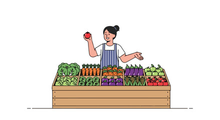 Illustrative depiction of a happy vendor promoting fresh vegetables and fruits at a local farmers market stall with vibrant colors
