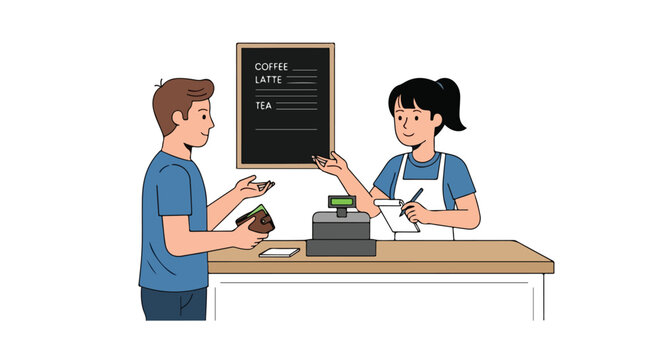 Illustration depicting a customer ordering coffee at a cafe with a friendly cashier taking the order and payment