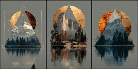 Geometric triptych with mountains and forests inside gold circles and triangles, lake reflections