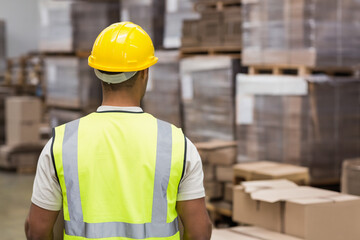 Male warehouse worker wearing yellow hard hat and vest, inspecting boxes on pallets in warehouse