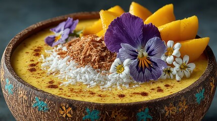 Exquisite Tropical Smoothie Bowl with Mango, Flowers and Coconut Flakes Garnishing