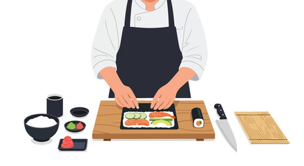 Professional sushi chef meticulously preparing delectable sushi rolls at a restaurant counter with fresh ingredients and artistic presentation