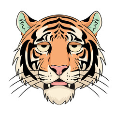 lazy Tiger Head Graphic Wild Animal Portrait Cartoon Style Illustration on Black Background