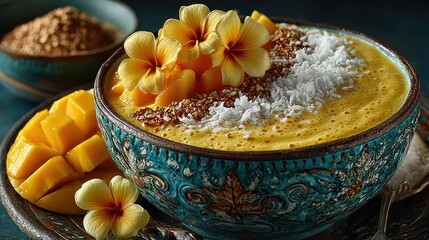 Delicious Mango Smoothie Bowl with Flowers, Coconut Flakes, and Healthy Ingredients