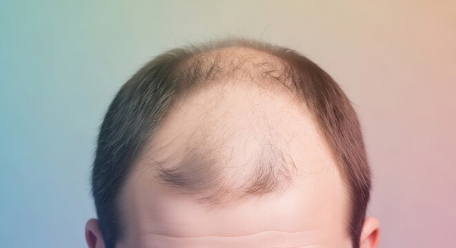 Man with bald head showing androgenetic alopecia. Hair loss problem concept for medical and cosmetic articles. Common male pattern baldness.