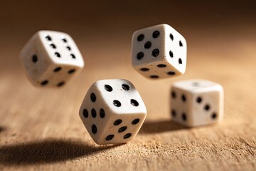 Dice in mid-air on a wooden surface