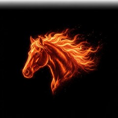 A fiery horse head, its mane ablaze in vibrant orange and yellow, set against a stark black background showcases a blend of power and elegance with a touch of the surreal .