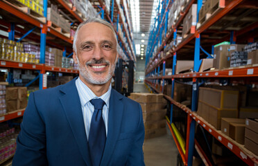 Racks rising in warehouse, holding palletized cardboard boxes along long central aisle under lights