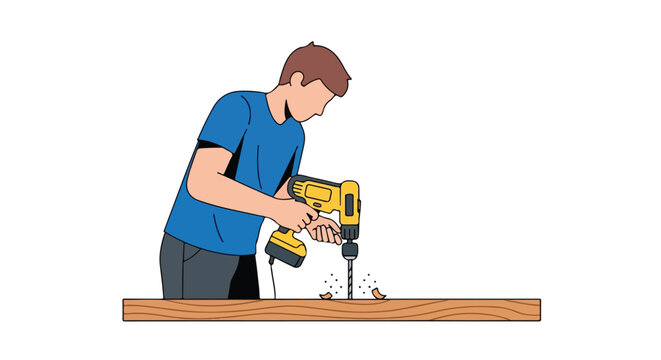 Craftsman using power drill creating hole in wood plank, skill, precision and craftsmanship for home improvement task, man with tool working isolated - Powered by Adobe