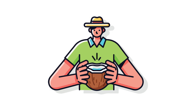 Cartoon man in hat holding a cracked coconut, tropical refreshment, coconut water treat and healthy lifestyle, vacation vibes and summer fun